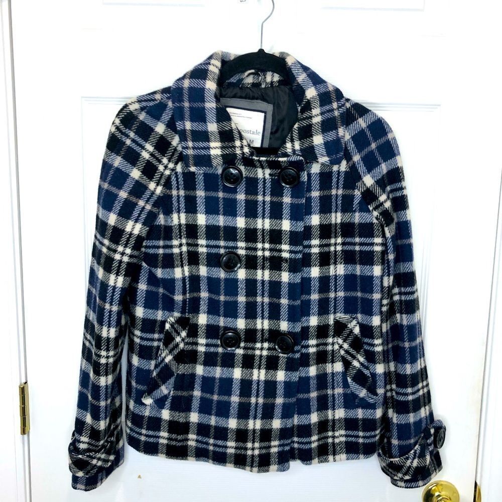 Aeropostale blue and white plaid pea coat, size medium